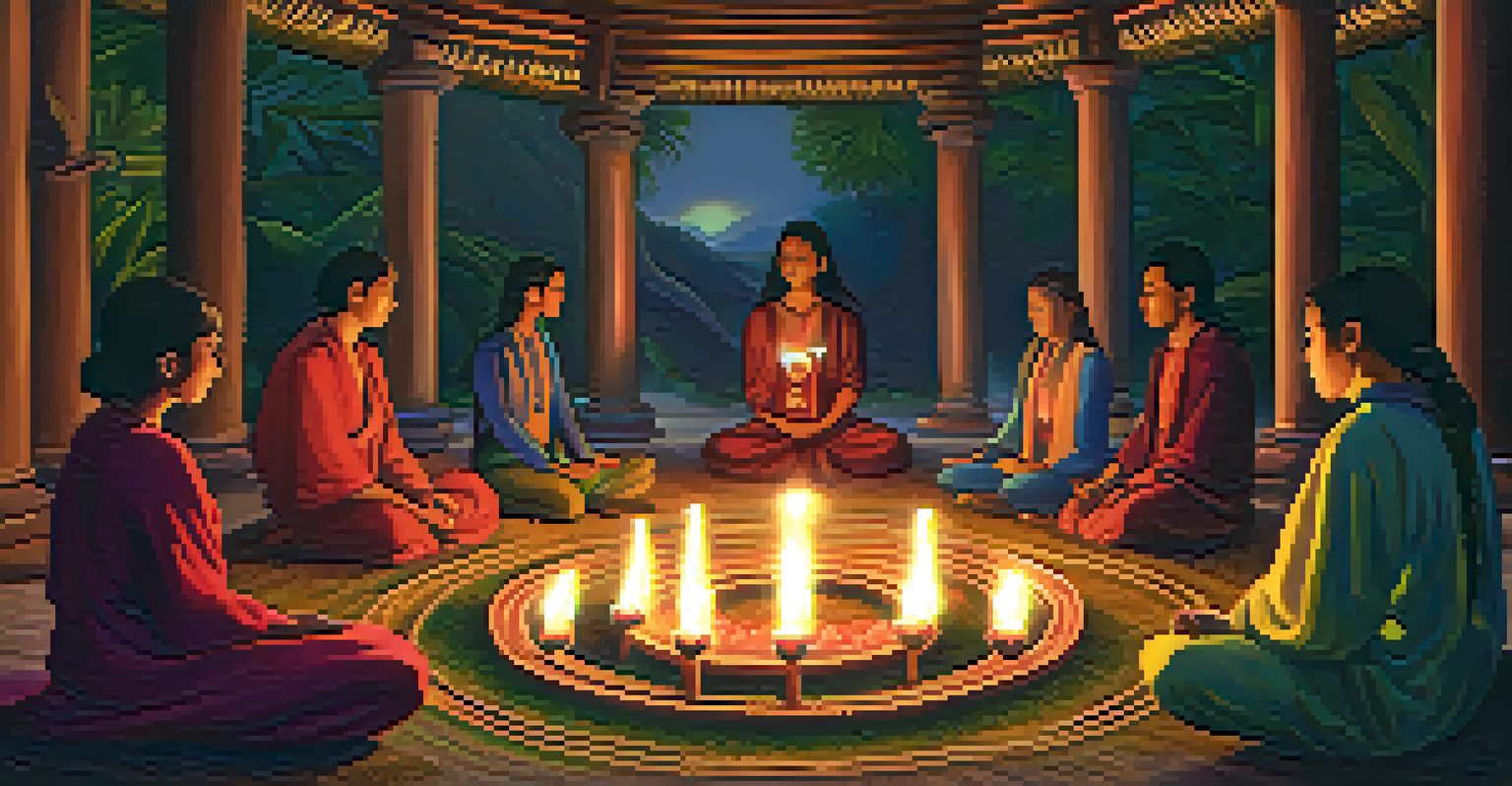 A candlelit Ayahuasca ceremony with participants in a circle, a central altar, and a warm, spiritual ambiance.