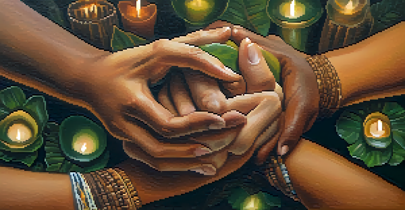 A close-up of diverse hands intertwined, symbolizing support and connection among participants in an ayahuasca ceremony.