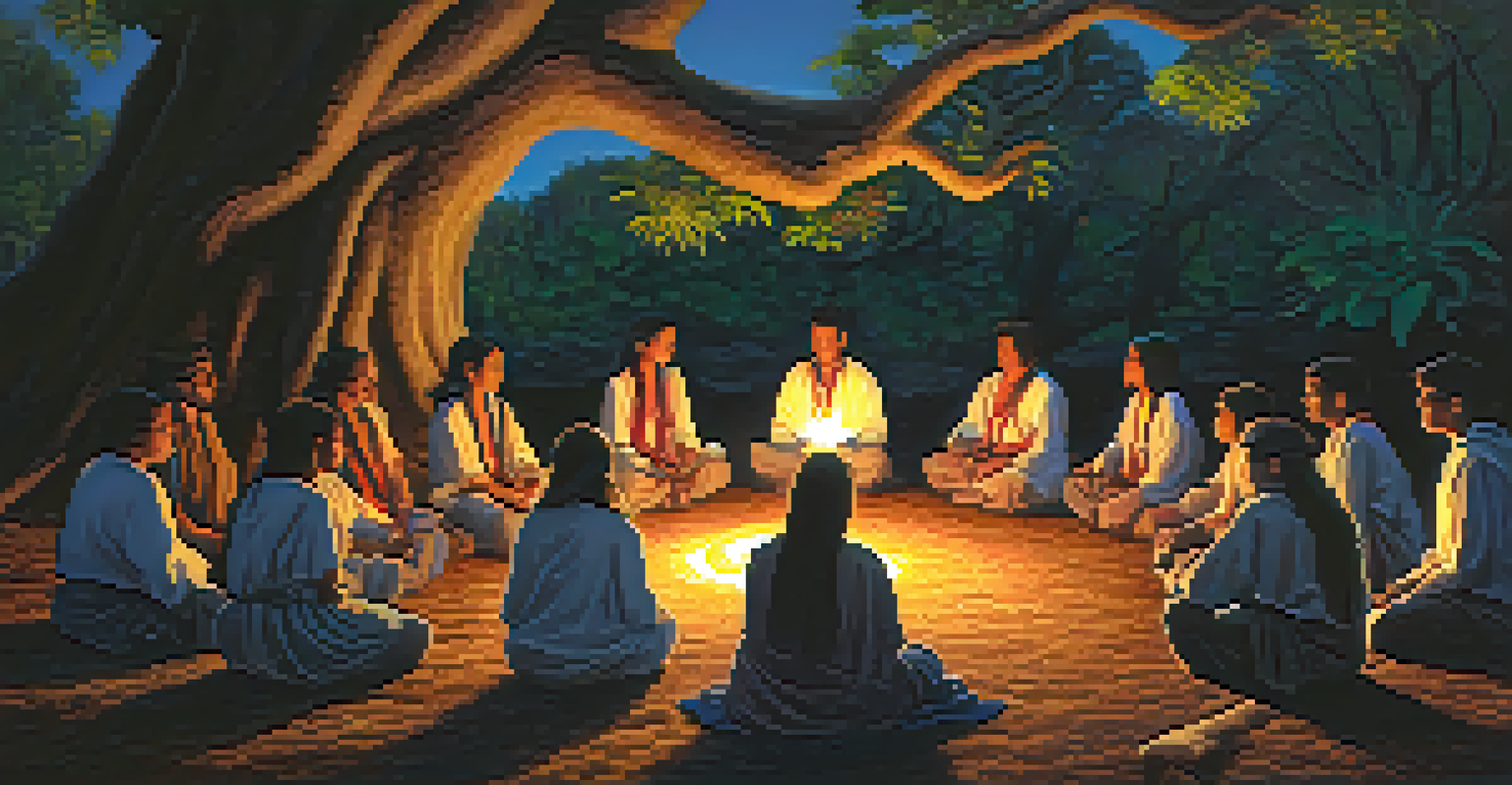 An Ayahuasca ceremony under an ancient tree, with participants in traditional attire seated in a circle. Warm candlelight creates an inviting atmosphere filled with shared experiences.