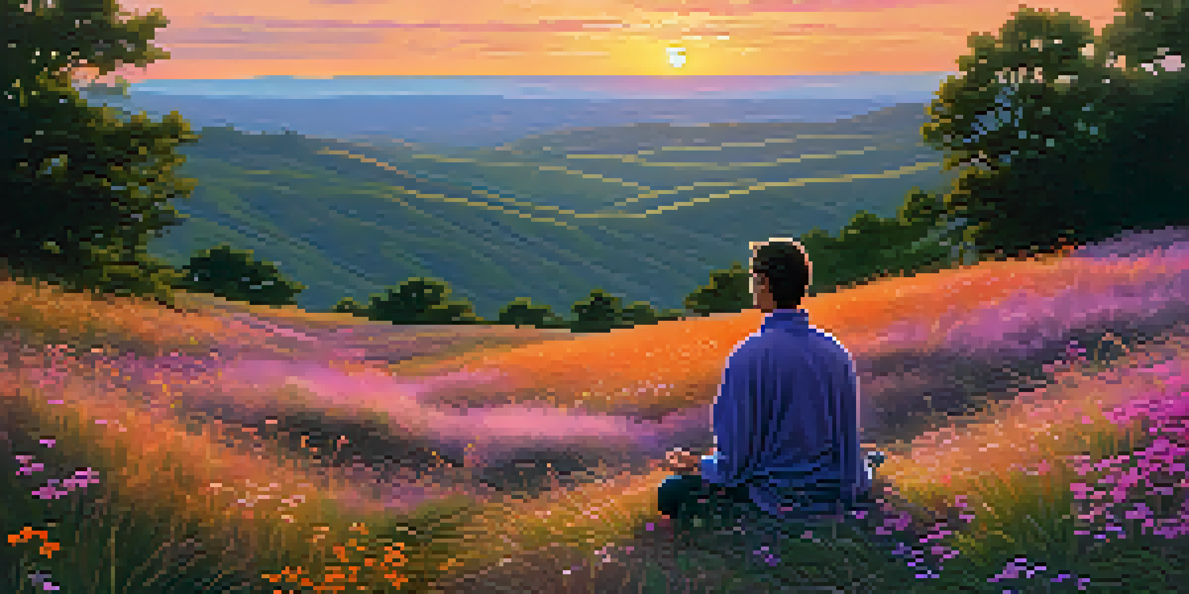 A person meditating on a grassy hilltop during sunset with a colorful sky and wildflowers in the foreground.