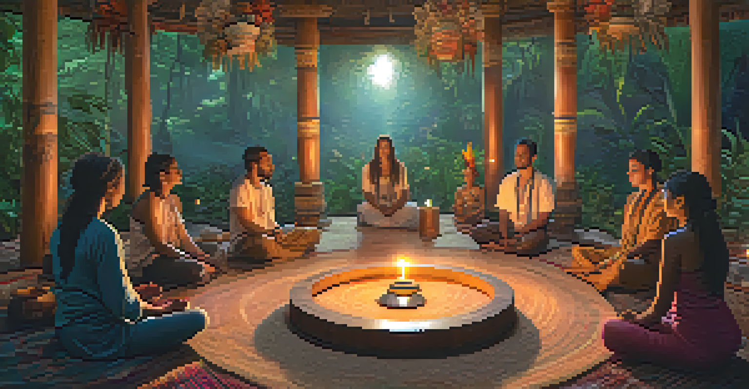 A candle-lit Ayahuasca ceremony with participants in a circle and a shaman singing in the center, creating a spiritual atmosphere.