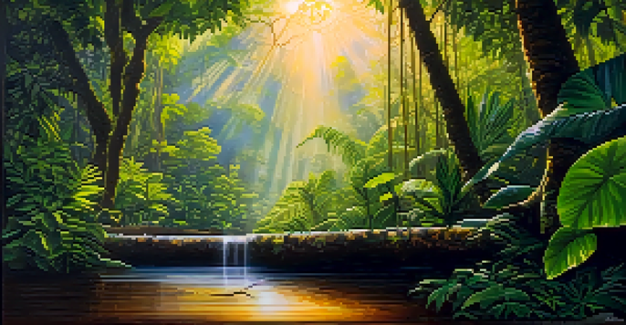A peaceful Amazon rainforest scene at dawn with lush greenery, sunlight filtering through trees, and a traditional Ayahuasca brew on a wooden table.