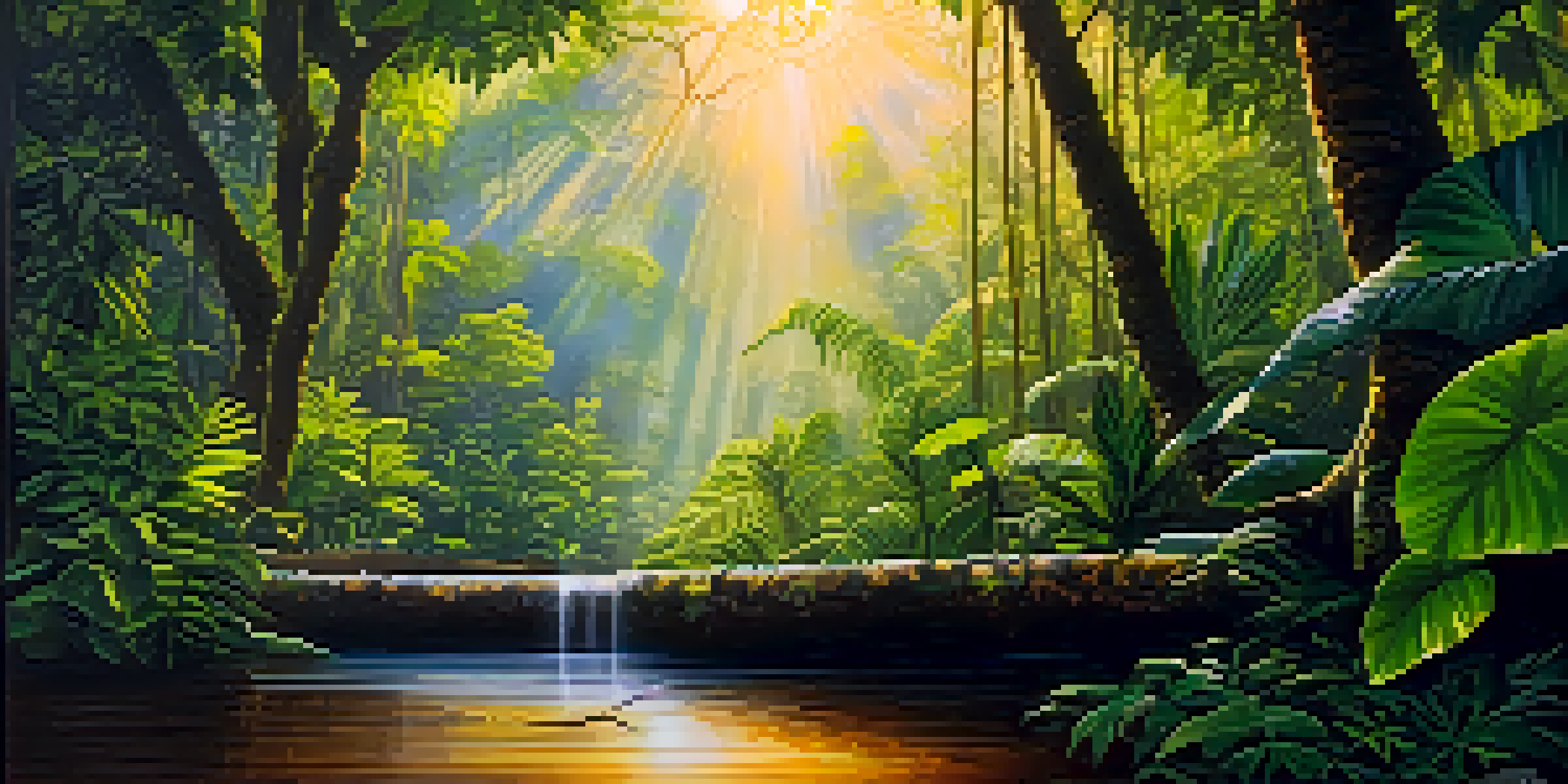 A peaceful Amazon rainforest scene at dawn with lush greenery, sunlight filtering through trees, and a traditional Ayahuasca brew on a wooden table.