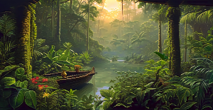 A peaceful Amazon rainforest at dawn, with vibrant greenery and traditional Ayahuasca brew vessels on a wooden table, illuminated by soft golden light.