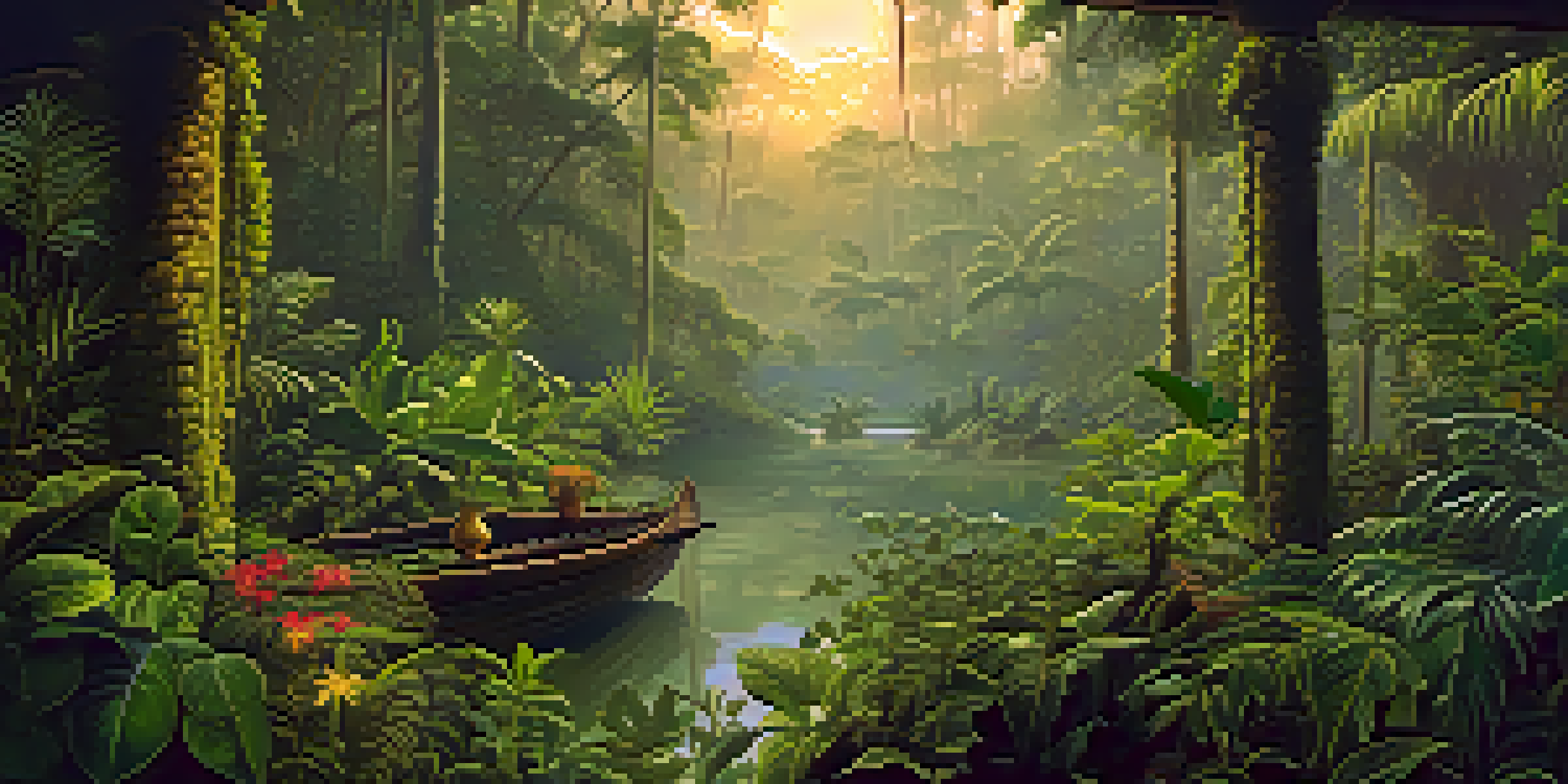 A peaceful Amazon rainforest at dawn, with vibrant greenery and traditional Ayahuasca brew vessels on a wooden table, illuminated by soft golden light.