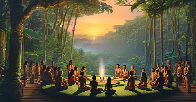 A peaceful scene in the Amazon rainforest during sunrise, featuring a traditional Ayahuasca ceremony led by a shaman with participants seated in a circle.