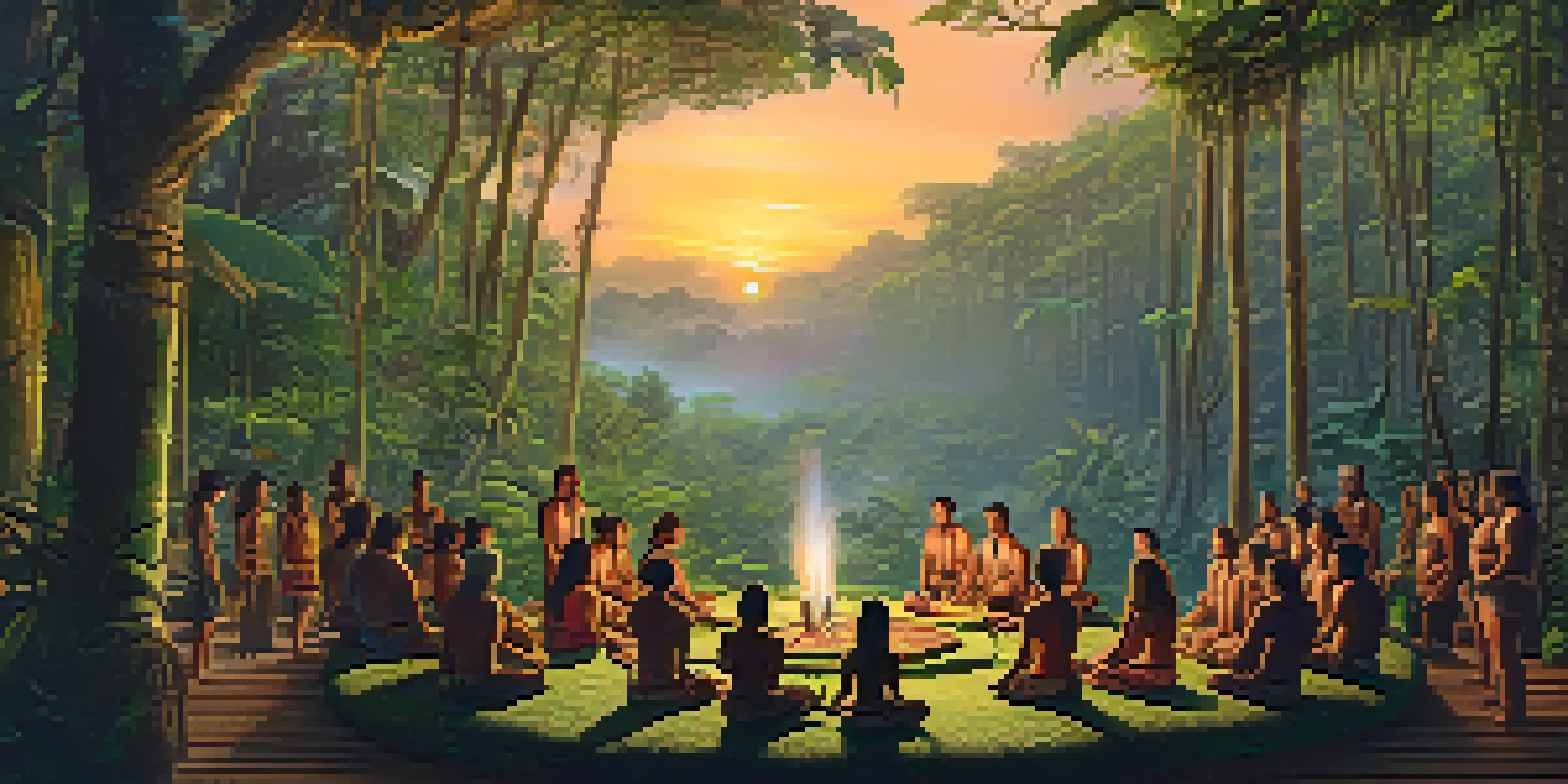 A peaceful scene in the Amazon rainforest during sunrise, featuring a traditional Ayahuasca ceremony led by a shaman with participants seated in a circle.