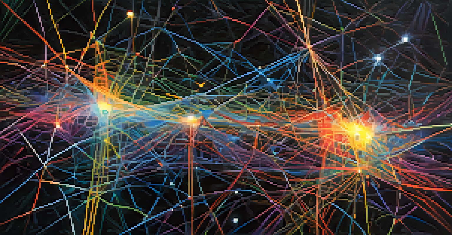 Colorful abstract representation of quantum entanglement with interconnected particles and streams of light.