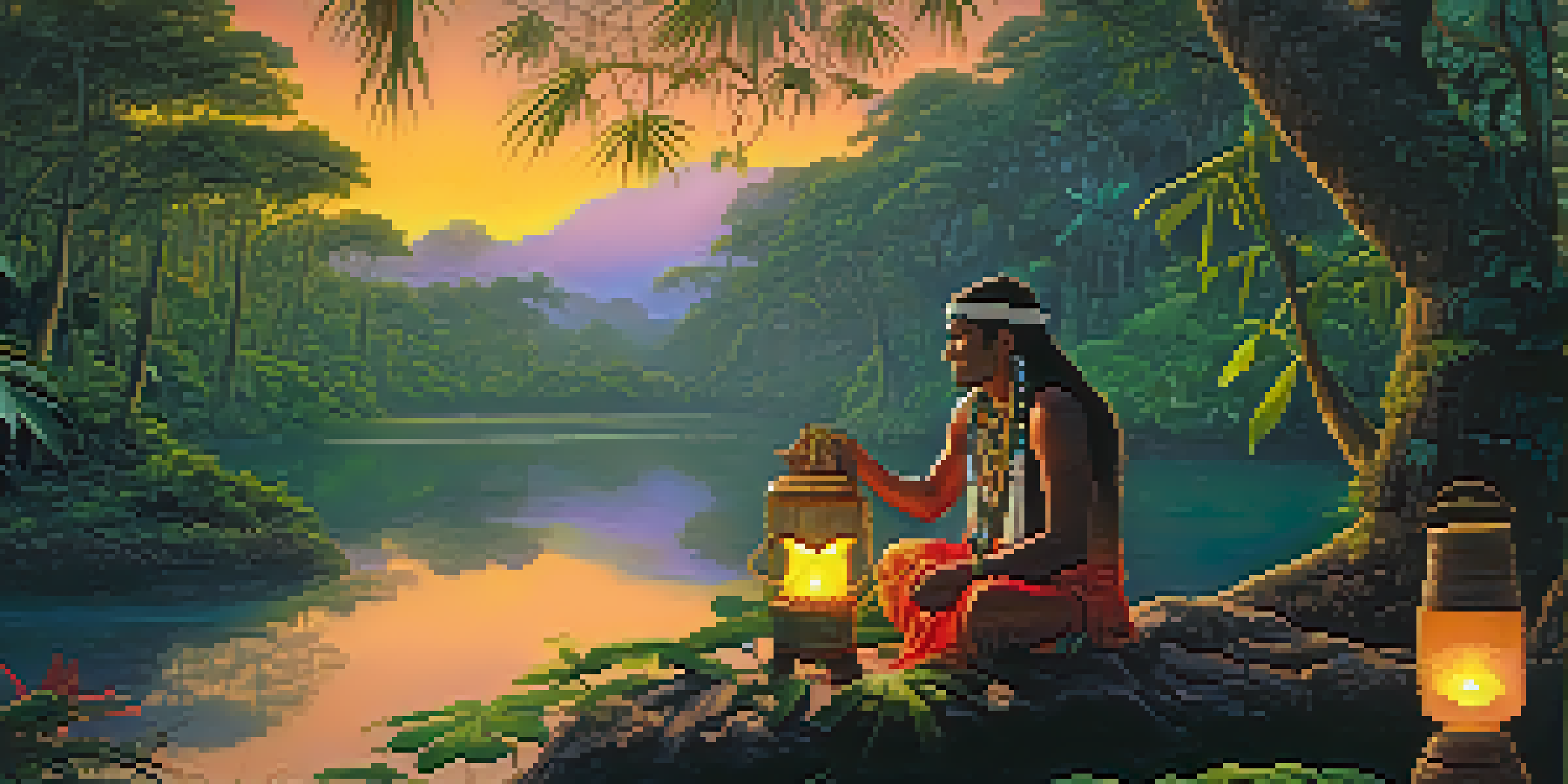 An indigenous shaman in traditional attire preparing an Ayahuasca brew in a lush Amazon rainforest at dusk, with a winding river and tropical flowers.