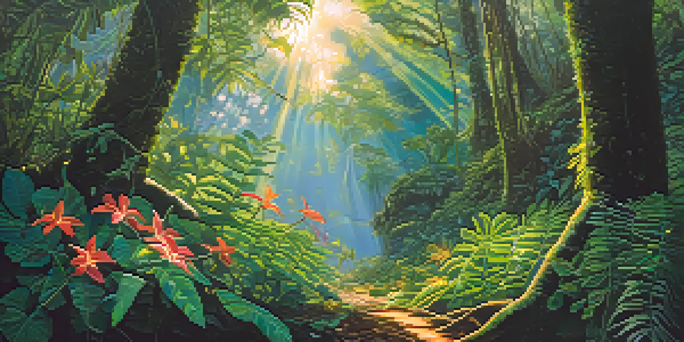 An Amazon rainforest with Banisteriopsis caapi vines, sunlight filtering through the canopy, and a lush forest floor.