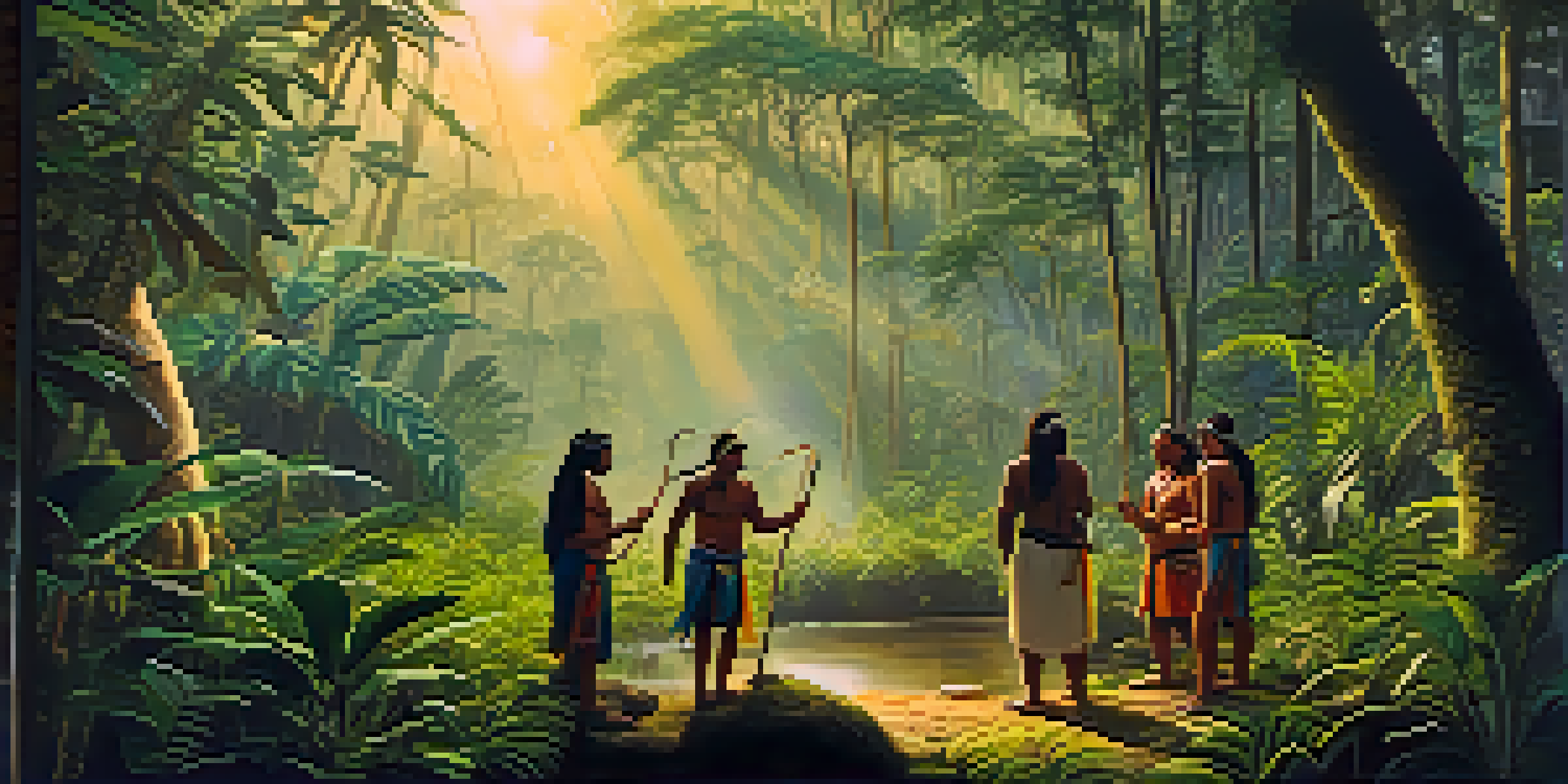 A peaceful Amazon rainforest at dawn, with indigenous people in traditional clothing preparing for a ceremony amidst lush greenery and soft sunlight.