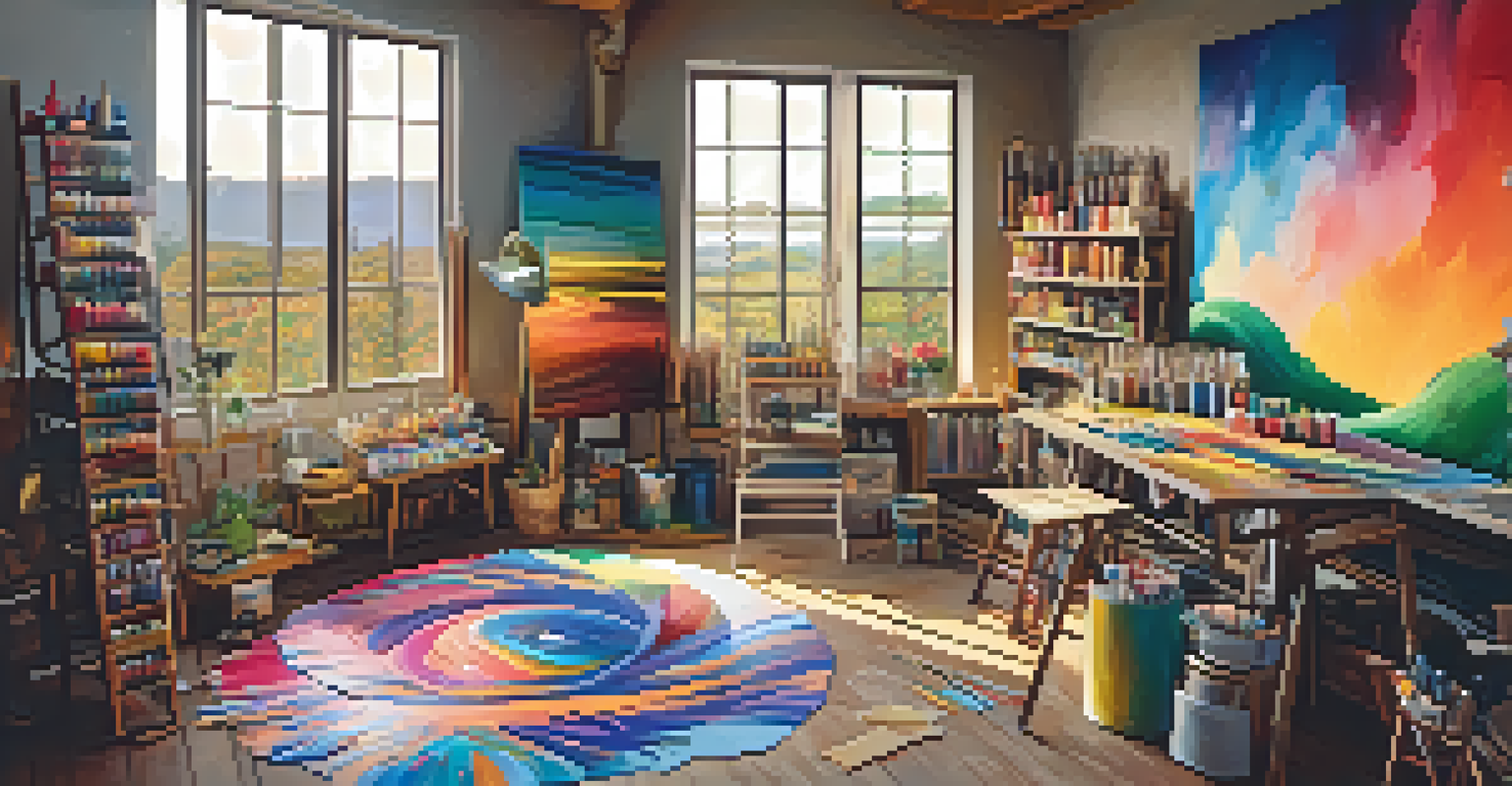 An artist's studio with colorful canvases, showing a vivid dreamlike landscape inspired by Ayahuasca visions, with sunlight streaming through the window.