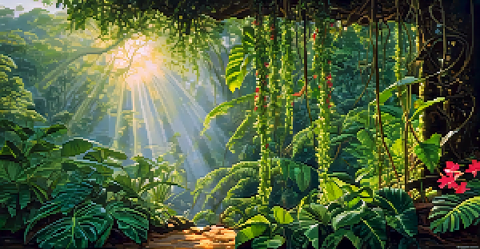 A peaceful view of the Amazon rainforest featuring the Banisteriopsis caapi vine among rich green plants and colorful flowers, with soft sunlight shining through the trees.