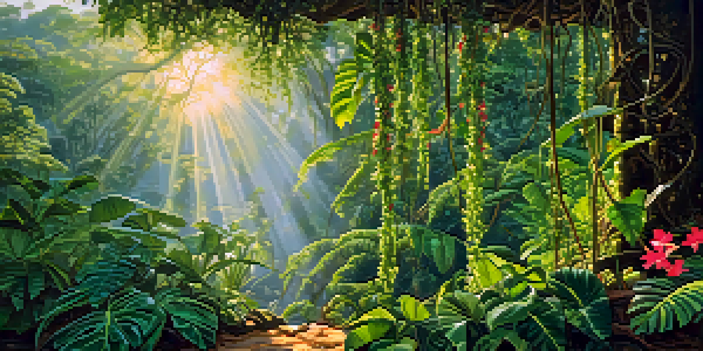 A peaceful view of the Amazon rainforest featuring the Banisteriopsis caapi vine among rich green plants and colorful flowers, with soft sunlight shining through the trees.