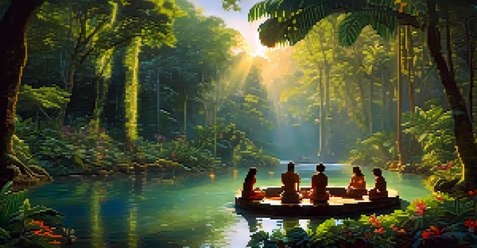 A peaceful Amazonian jungle scene with a river and participants in an Ayahuasca ceremony surrounded by flowers and plants.