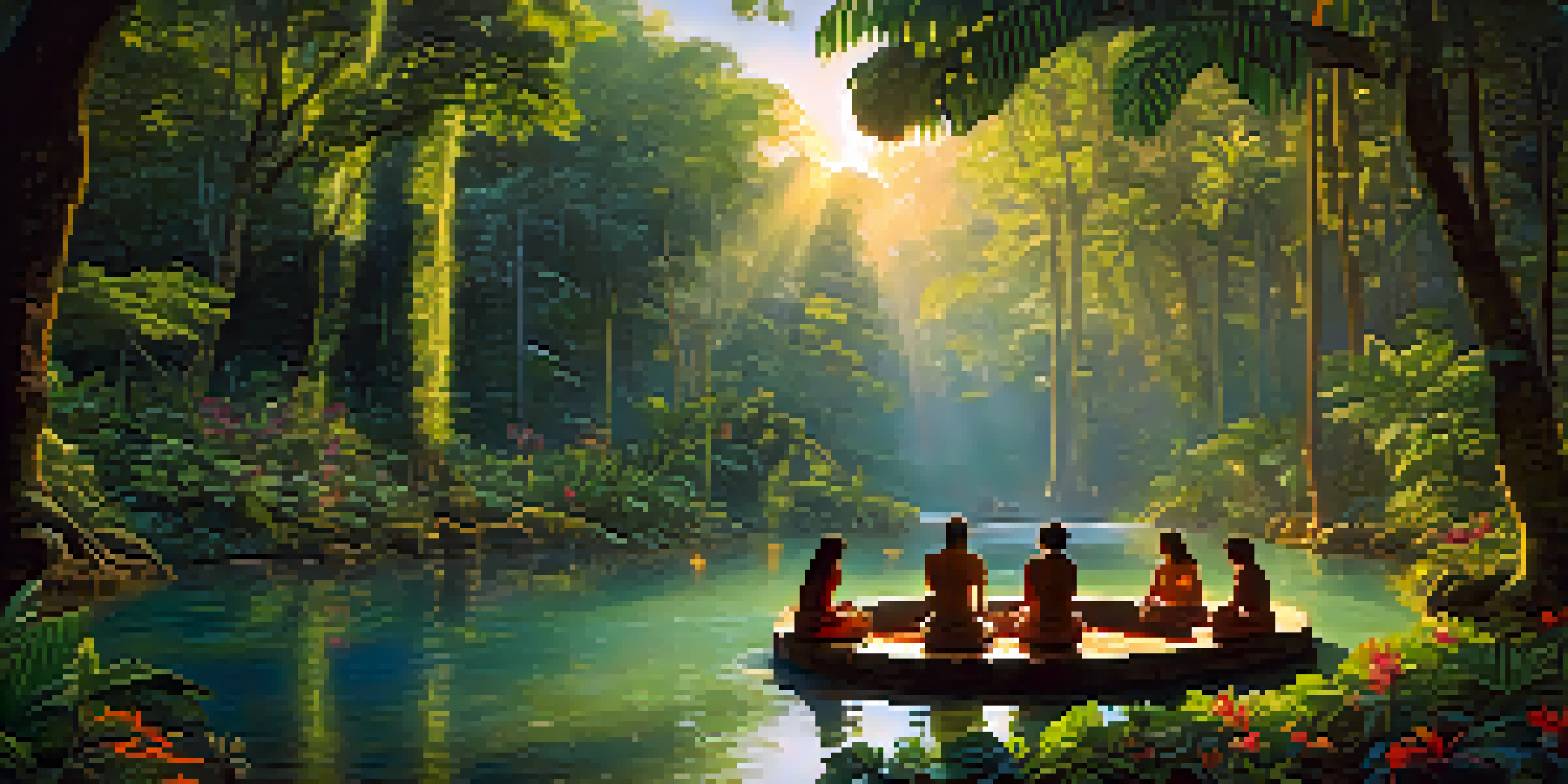 A peaceful Amazonian jungle scene with a river and participants in an Ayahuasca ceremony surrounded by flowers and plants.