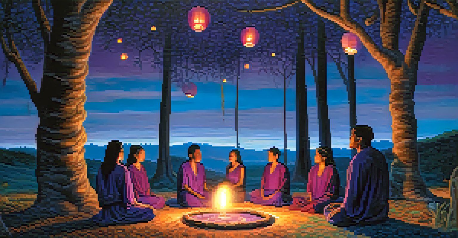 An outdoor Ayahuasca ceremony at twilight with participants sitting in a circle, surrounded by trees and lanterns under a deep blue and purple sky.