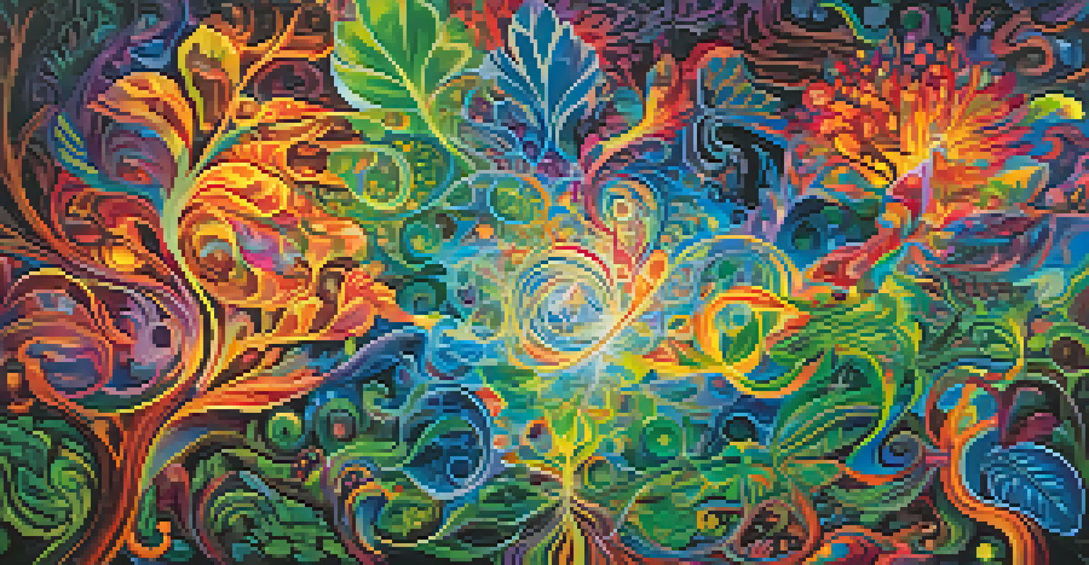 An abstract representation of the spiritual journey during an ayahuasca ceremony with swirling colors and natural elements.