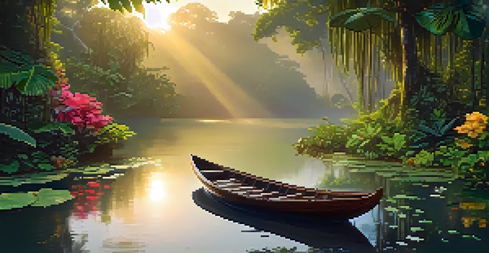 A tranquil scene of an Amazon rainforest at sunrise, featuring a river and a small wooden boat amidst lush greenery and colorful flowers.