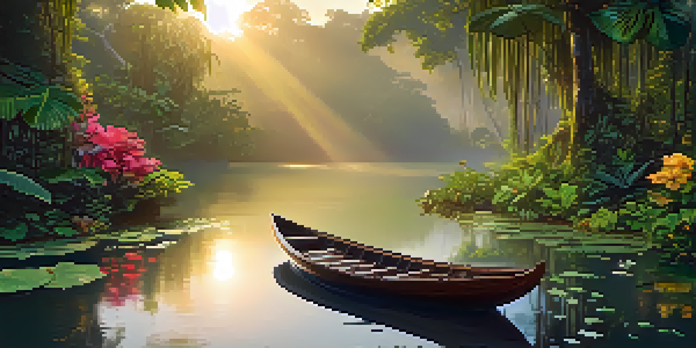 A tranquil scene of an Amazon rainforest at sunrise, featuring a river and a small wooden boat amidst lush greenery and colorful flowers.