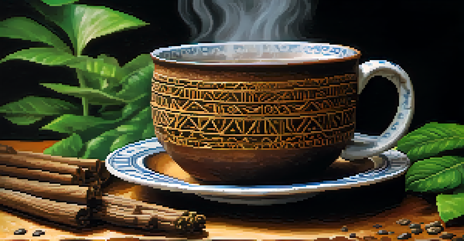 A close-up of Ayahuasca brew in a ceramic cup, with steam and a background of greenery.