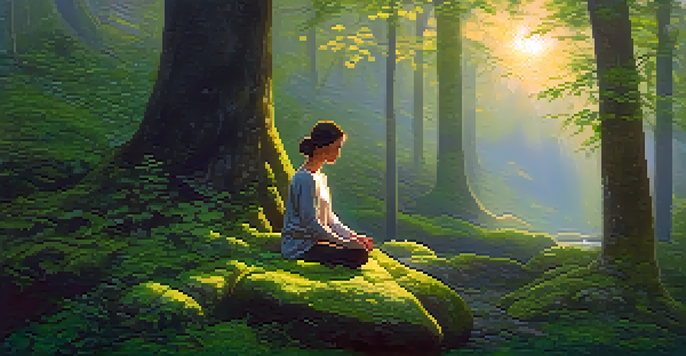 A person meditating in a tranquil forest at twilight, surrounded by lush greenery and wildflowers, with golden sunlight filtering through the trees.