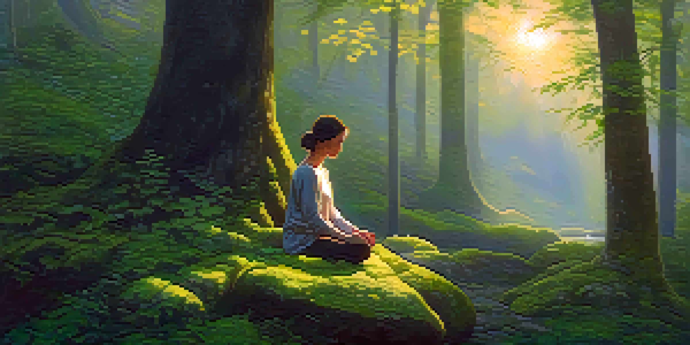 A person meditating in a tranquil forest at twilight, surrounded by lush greenery and wildflowers, with golden sunlight filtering through the trees.