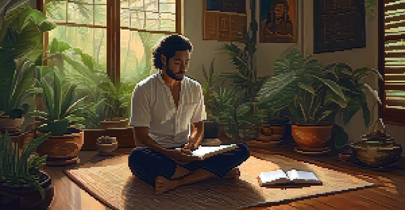 An individual journaling their Ayahuasca experiences in a tranquil room filled with plants and warm light.