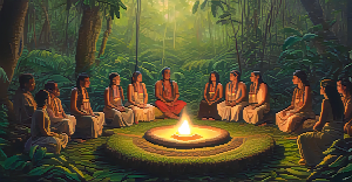 A peaceful ayahuasca ceremony in the Amazon rainforest, with a shaman guiding participants in a circle surrounded by greenery and soft candlelight.