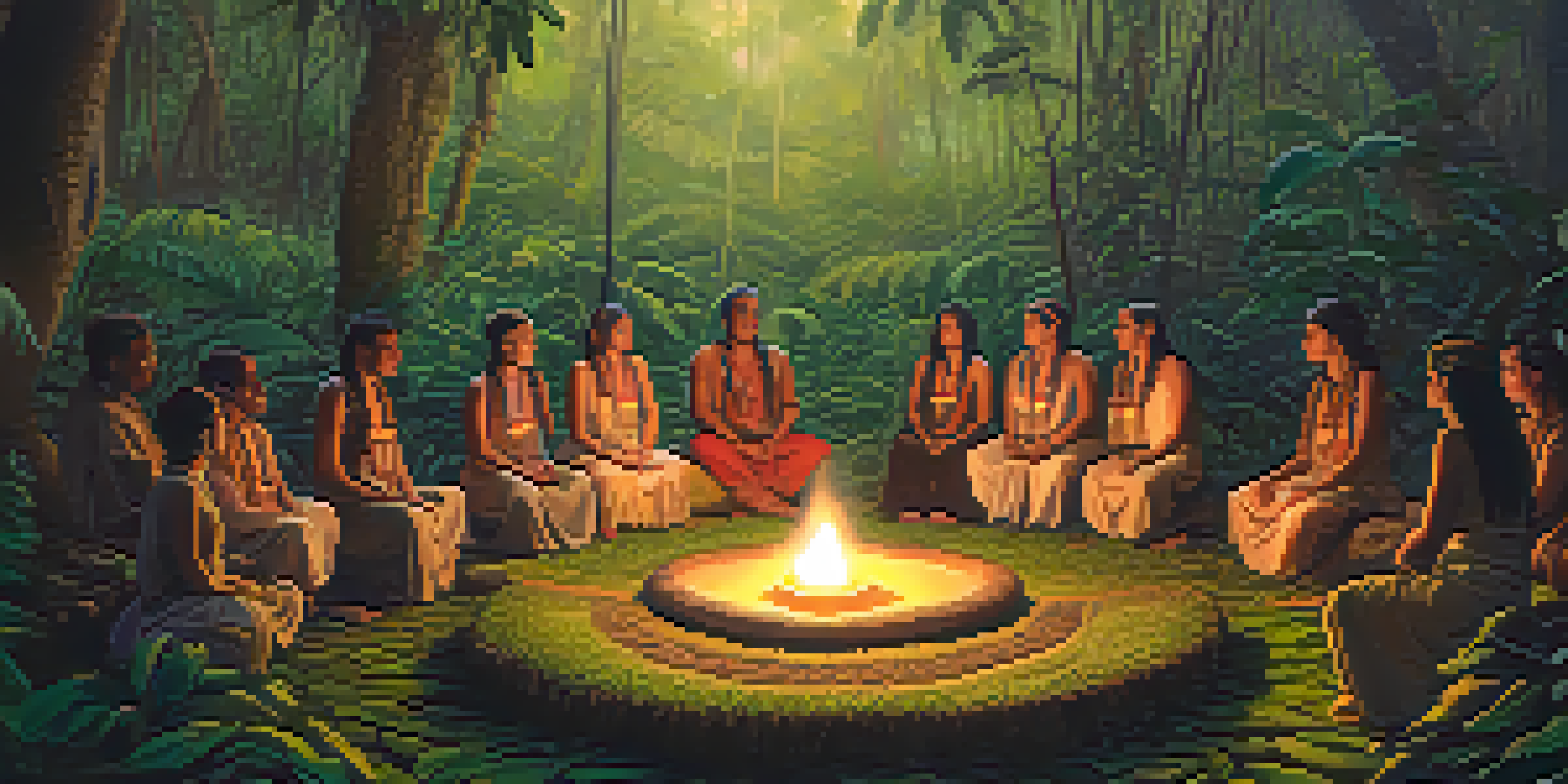 A peaceful ayahuasca ceremony in the Amazon rainforest, with a shaman guiding participants in a circle surrounded by greenery and soft candlelight.