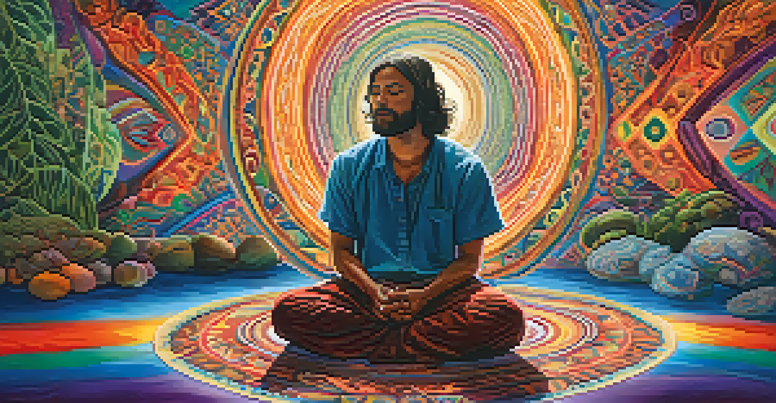 A participant experiencing Ayahuasca with swirling colors and patterns around them, suggesting hallucinations.