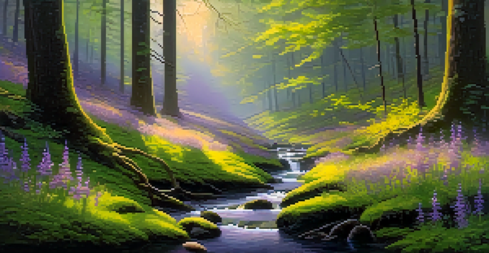 A peaceful forest with sunlight streaming through trees, mossy ground, and colorful wildflowers.