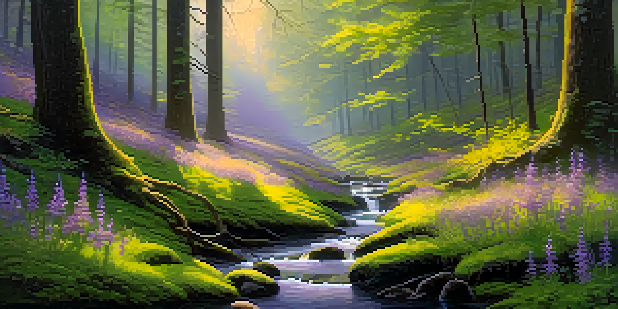 A peaceful forest with sunlight streaming through trees, mossy ground, and colorful wildflowers.