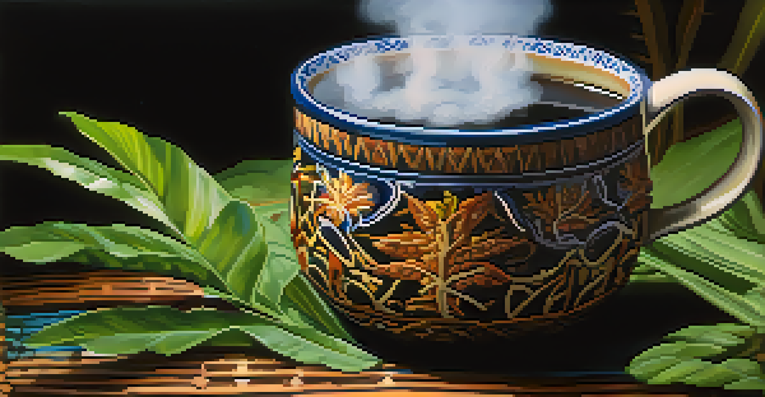 A close-up of an ayahuasca brew in a ceramic cup with steam, set against a blurred jungle background.