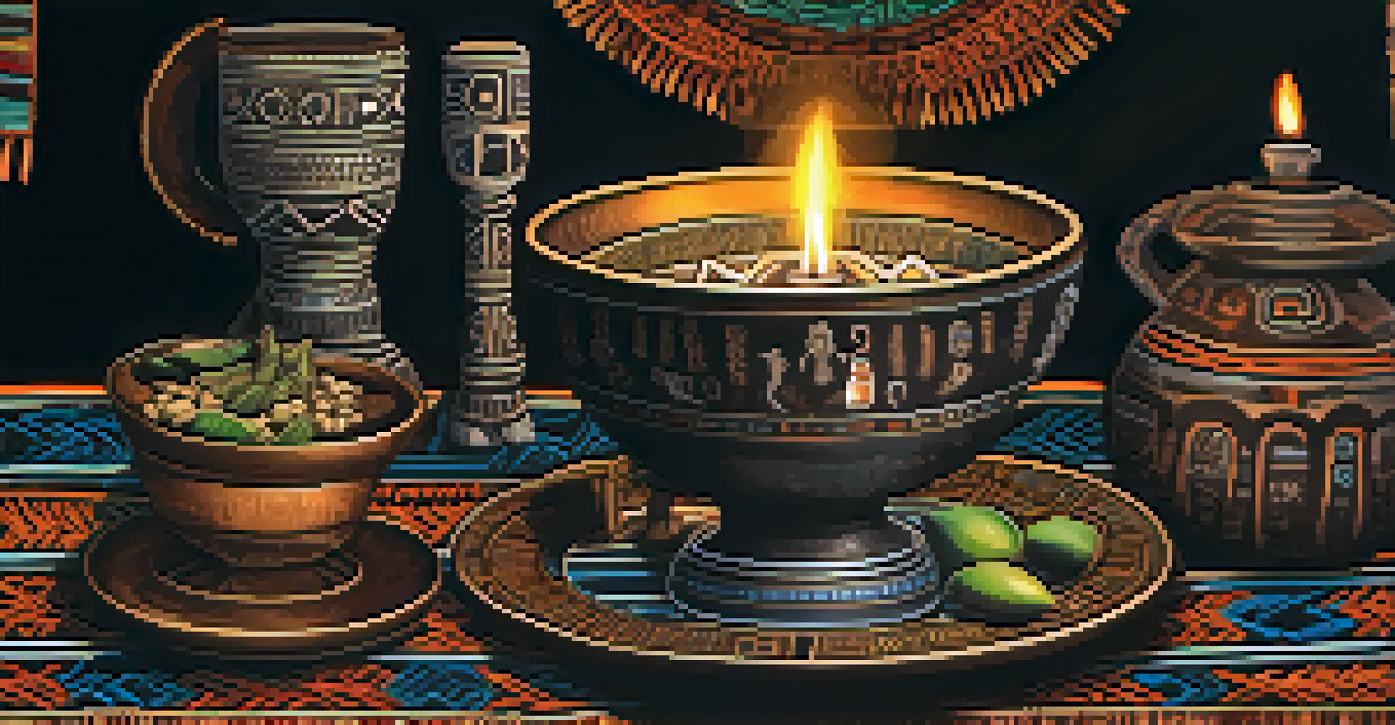 A detailed view of a ceremonial cup filled with Ayahuasca brew, surrounded by candlelight and traditional textiles in a serene setting.