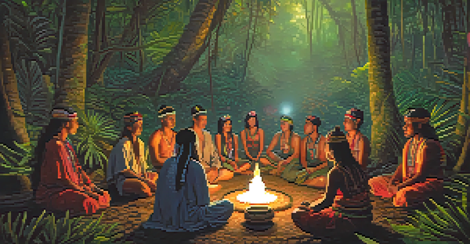 A peaceful Amazon rainforest scene with a shaman leading an ayahuasca ceremony, surrounded by participants amidst lush greenery and soft lighting.