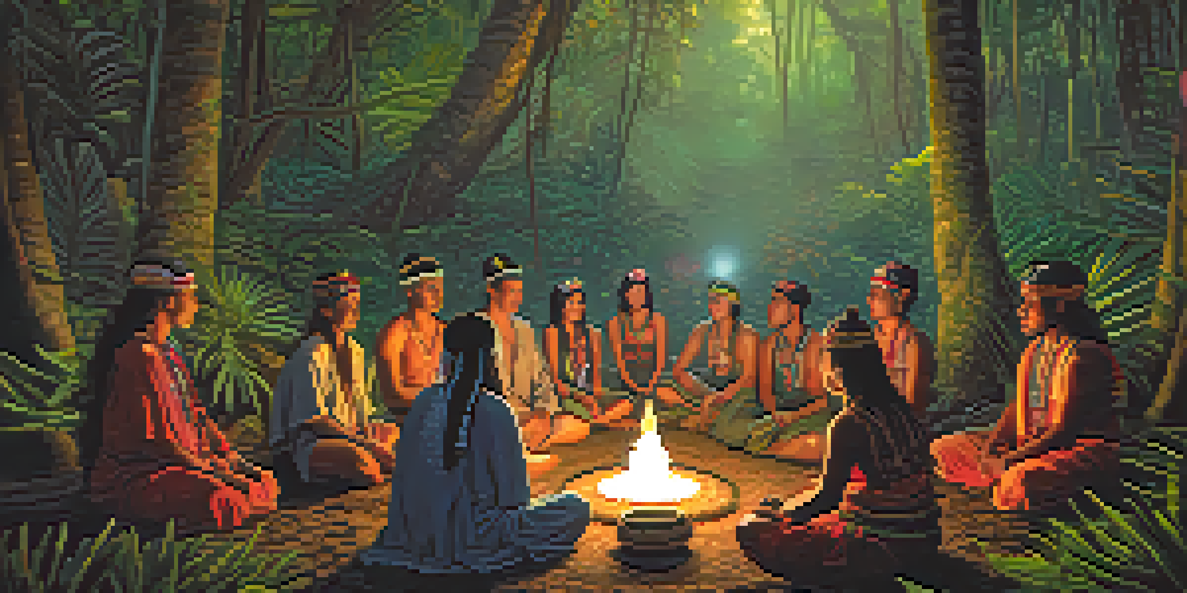 A peaceful Amazon rainforest scene with a shaman leading an ayahuasca ceremony, surrounded by participants amidst lush greenery and soft lighting.