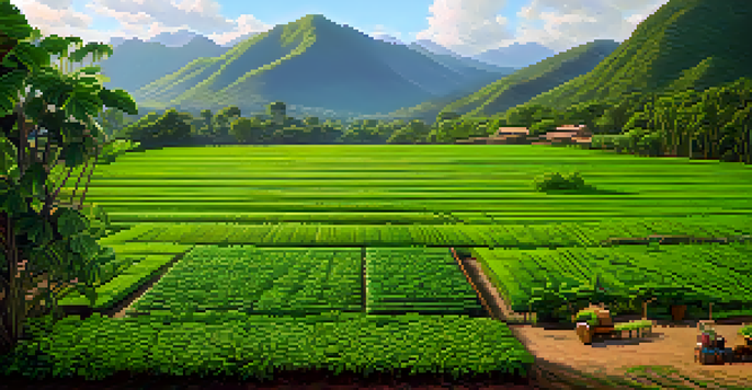 A vibrant Ayahuasca farm featuring green cover crops interspersed with Ayahuasca plants, under soft morning light with mountains in the background.