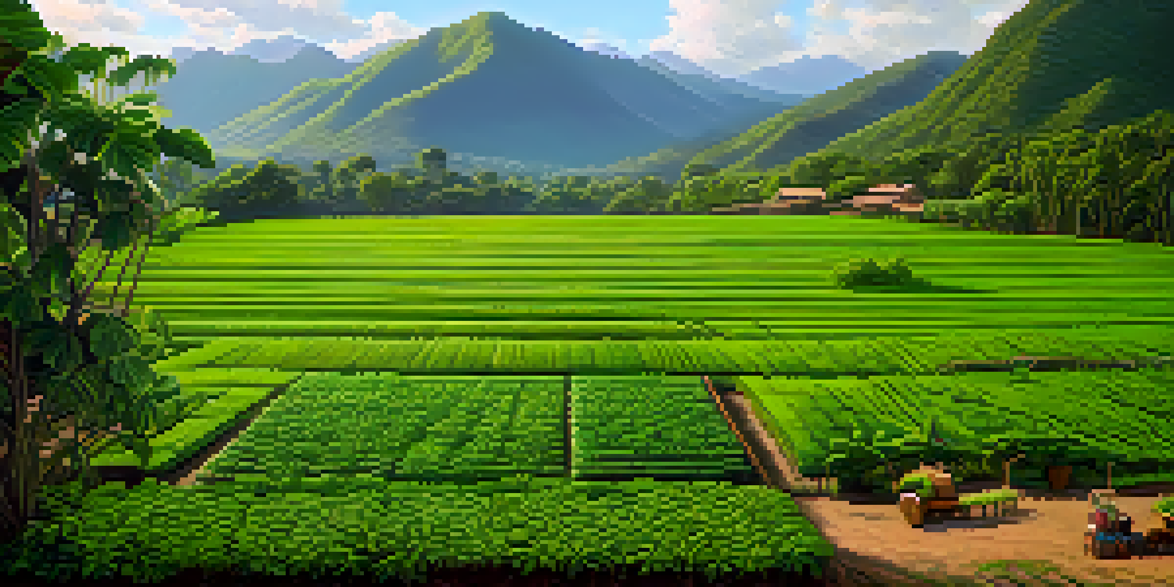 A vibrant Ayahuasca farm featuring green cover crops interspersed with Ayahuasca plants, under soft morning light with mountains in the background.