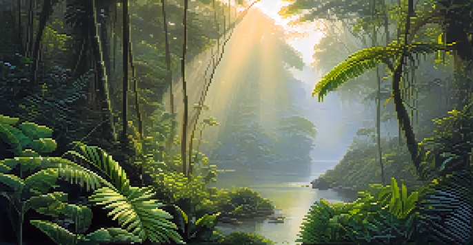 A peaceful Amazon rainforest at dawn with vines and plants, soft light filtering through trees, and mist rising from a river.