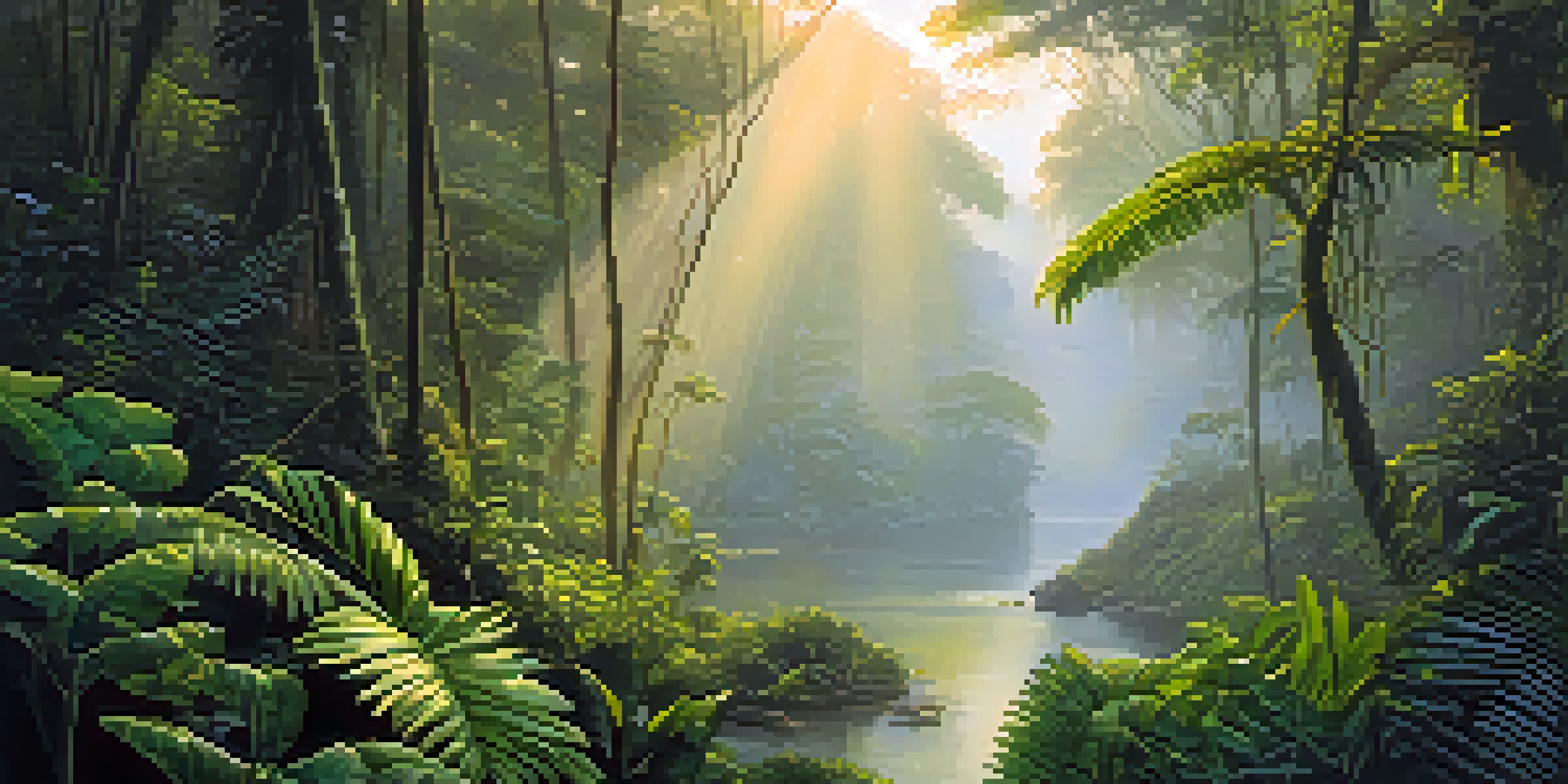 A peaceful Amazon rainforest at dawn with vines and plants, soft light filtering through trees, and mist rising from a river.