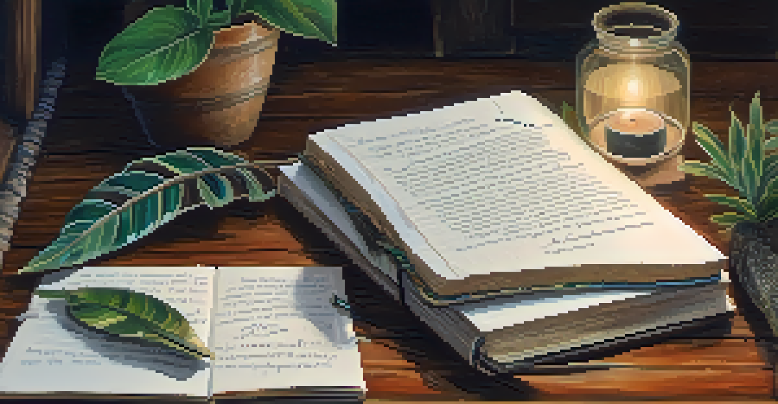 A close-up of a journal with handwritten notes about Ayahuasca experiences, surrounded by natural objects and warm light.
