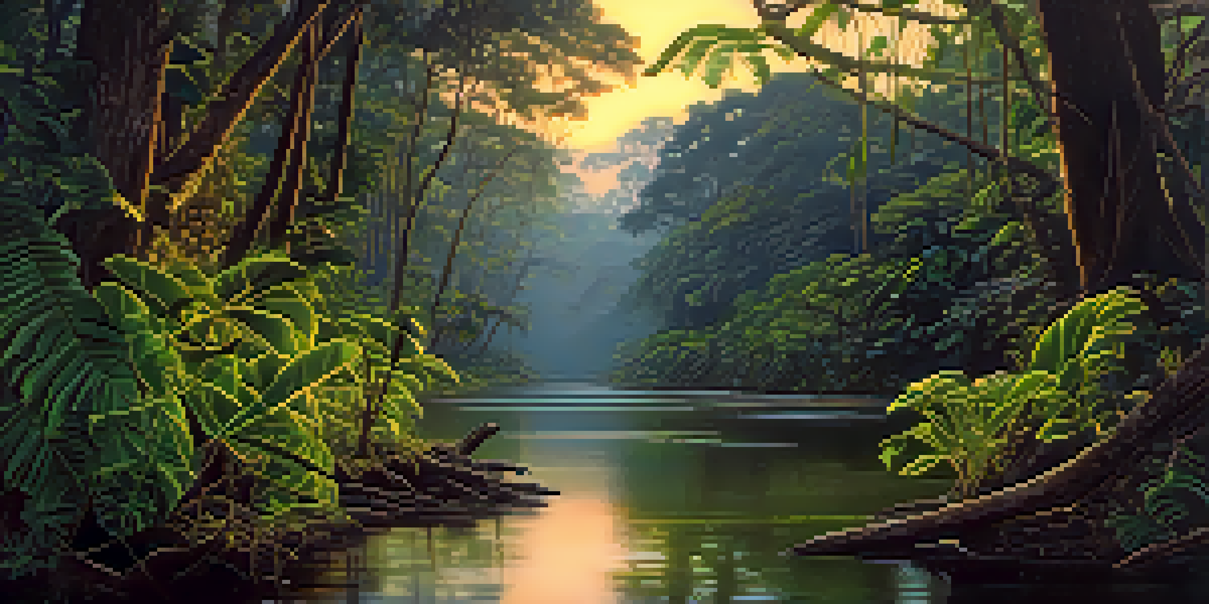 A peaceful Amazon rainforest at dusk with lush greenery and a serene river.