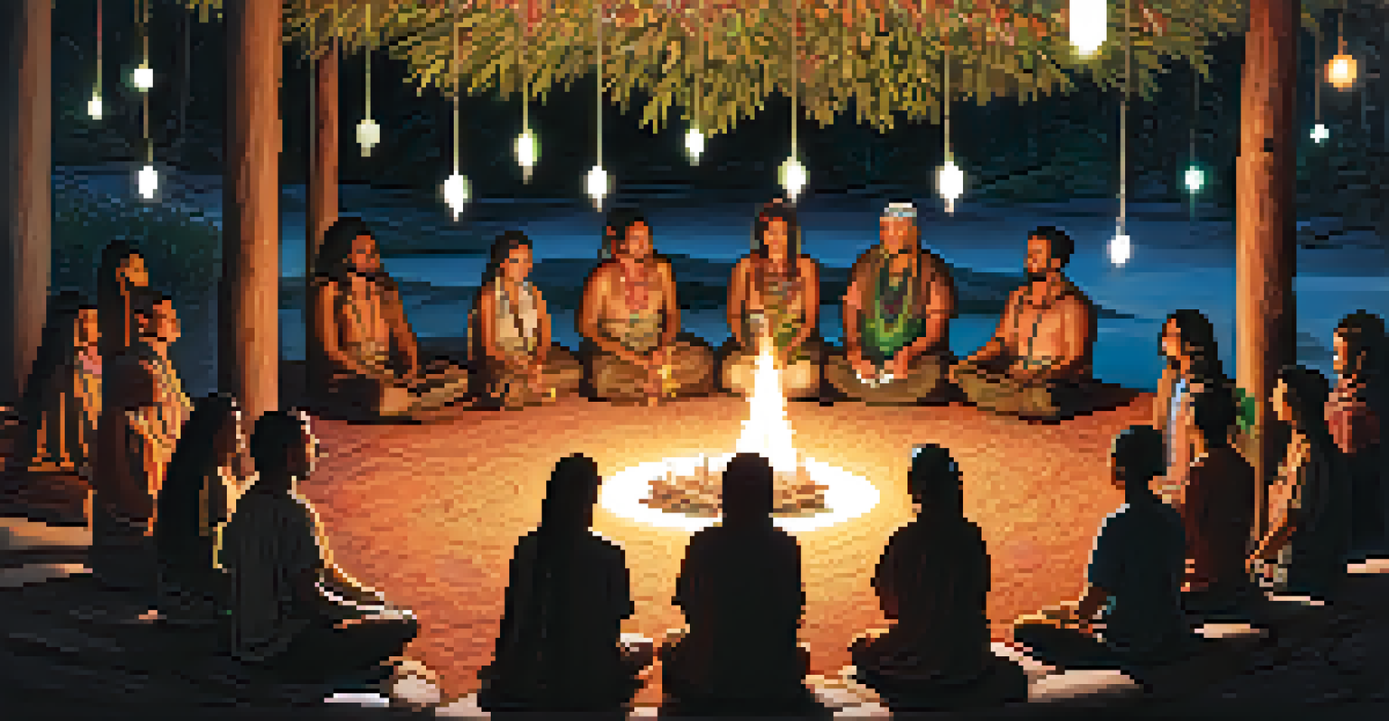 A group of diverse individuals in a circle during an Ayahuasca ceremony under a starlit sky, with a shaman guiding them.