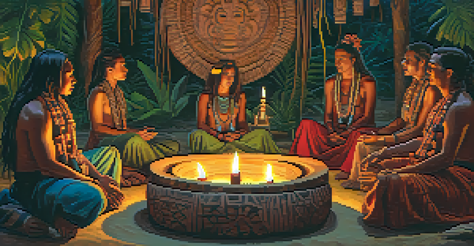 A cozy Ayahuasca ceremony scene with a shaman and participants in a circle, illuminated by candlelight.
