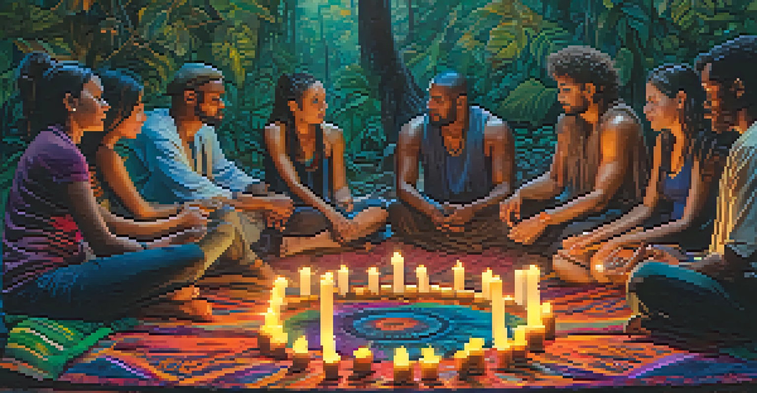 A diverse group of people engaged in an Ayahuasca ceremony, sitting in a circle with candles and colorful fabrics, showing deep emotional connection.