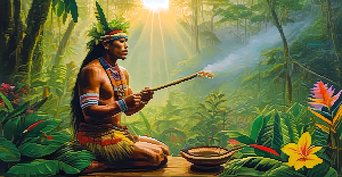An indigenous shaman in colorful attire prepares Ayahuasca in a misty Amazon rainforest at dawn, with golden sunlight filtering through the trees.