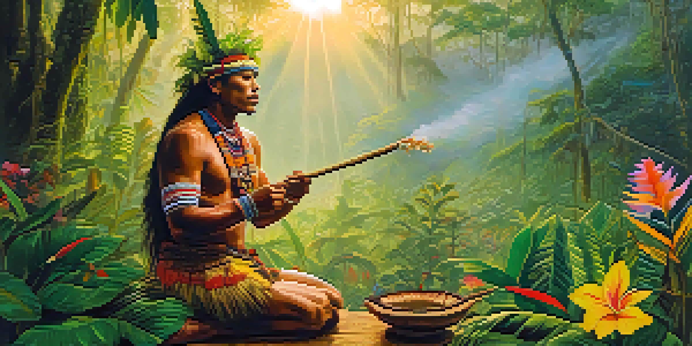 An indigenous shaman in colorful attire prepares Ayahuasca in a misty Amazon rainforest at dawn, with golden sunlight filtering through the trees.