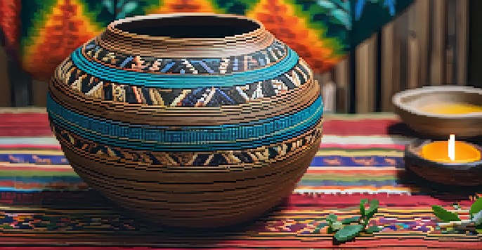 A detailed view of an Ayahuasca brew container made from natural materials, surrounded by herbs and flowers on a colorful cloth.