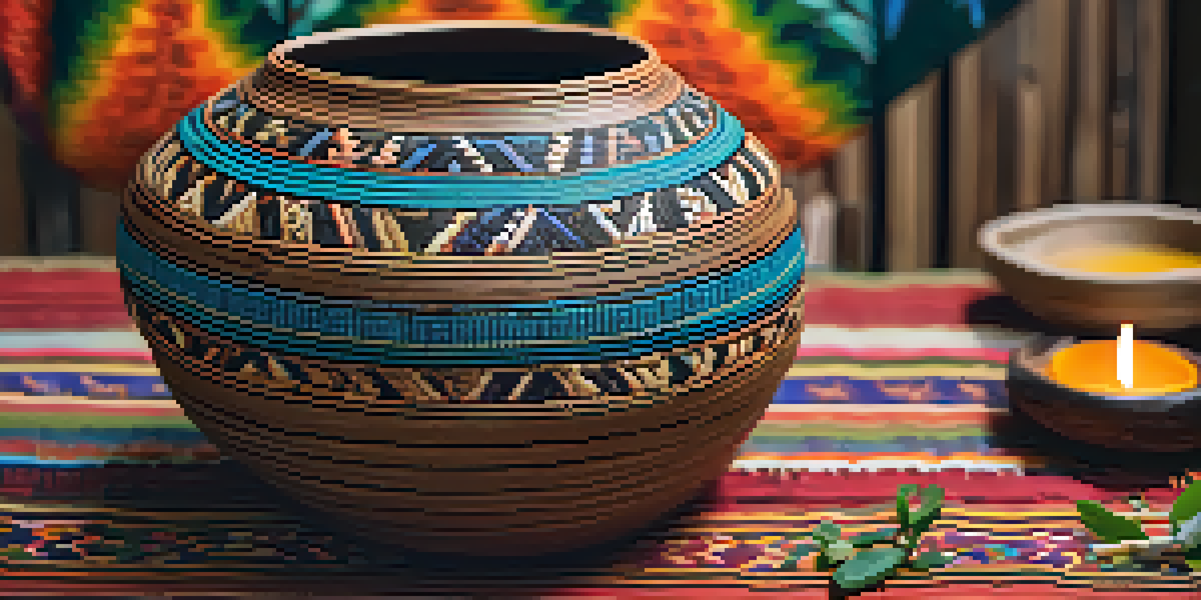 A detailed view of an Ayahuasca brew container made from natural materials, surrounded by herbs and flowers on a colorful cloth.